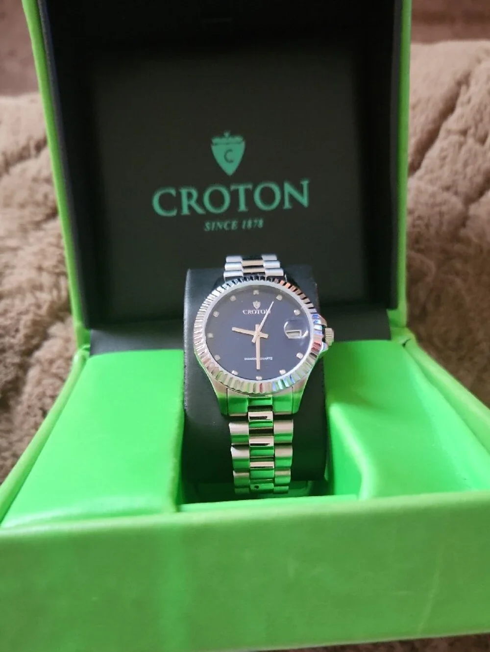 Croton Silver-Tone Bracelet Watch with NAVY Dial and DIAMOND ACCENTS